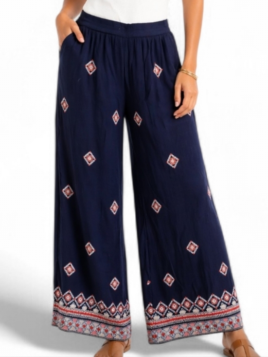 Sundance Pants - Sundance Navy Blue Embroidered Small Wide Leg Boho Pants Elastic Waist Gauzey